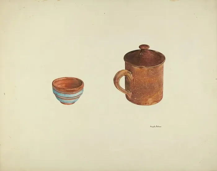 Framed Print : Zoar Dish and Coffee and Cider Cup w / Lid, c. 1938. Creator: Angelo Bulone Framed Print : Zoar Dish and Coffee and Cider Cup w / Lid, c. 1938. Creator: Angelo Bulone