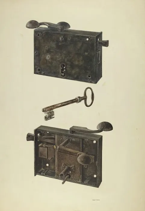 Framed Print : Zoar Lock w / Key, c. 1938. Creator: Angelo Bulone Framed Print : Zoar Lock w / Key, c. 1938. Creator: Angelo Bulone