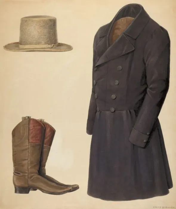 Framed Print : Zoar Mans Hat, Boots and Coat, c. 1937. Creator: Fritz Boehmer Framed Print : Zoar Mans Hat, Boots and Coat, c. 1937. Creator: Fritz Boehmer