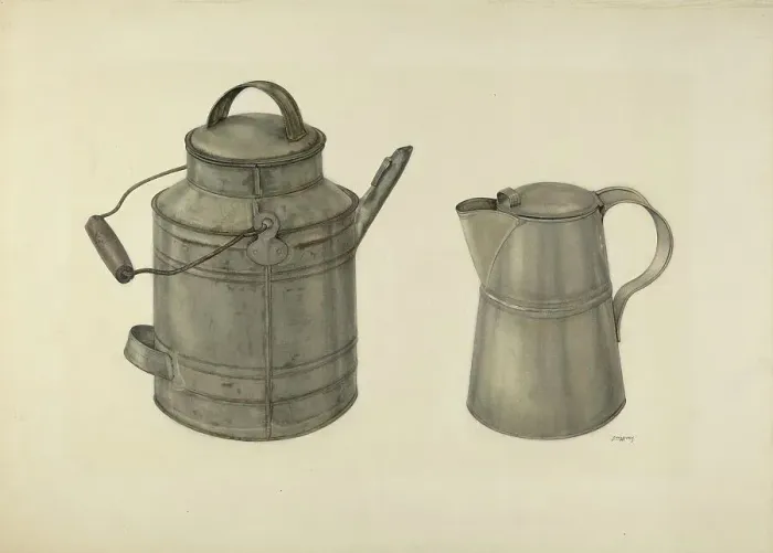 Framed Print : Zoar Tin Coffee Pot and Pail, c. 1938. Creator: John Wilkes Framed Print : Zoar Tin Coffee Pot and Pail, c. 1938. Creator: John Wilkes