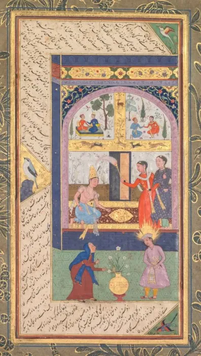 Framed Print : Zulaykha in her palace and as an old woman with Joseph, from a Panj Ganj (Five Treasures) Framed Print : Zulaykha in her palace and as an old woman with Joseph, from a Panj Ganj (Five Treasures)