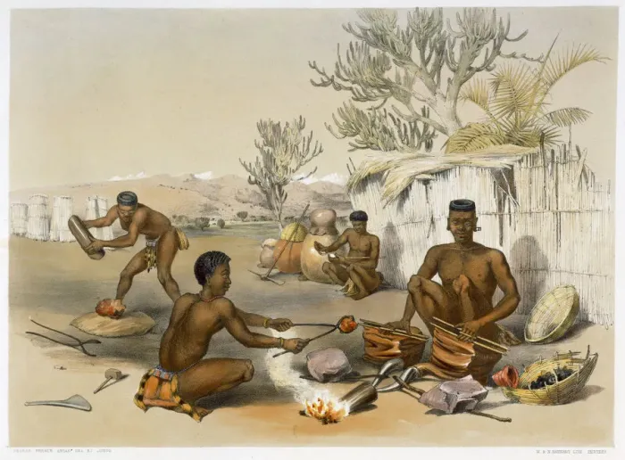 Framed Print : Zulu blacksmiths at work, 1849. Artist: George French Angas Framed Print : Zulu blacksmiths at work, 1849. Artist: George French Angas