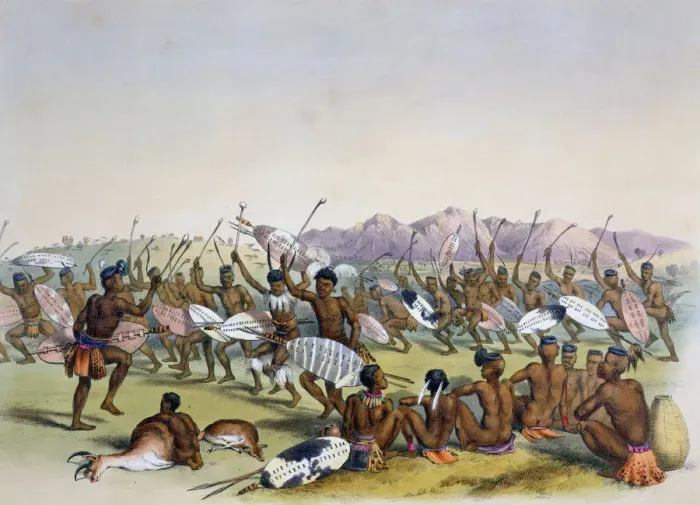 Framed Print : Zulu Hunting Dance near the Engooi Mountains, 1849. Artist: George French Angas Framed Print : Zulu Hunting Dance near the Engooi Mountains, 1849. Artist: George French Angas