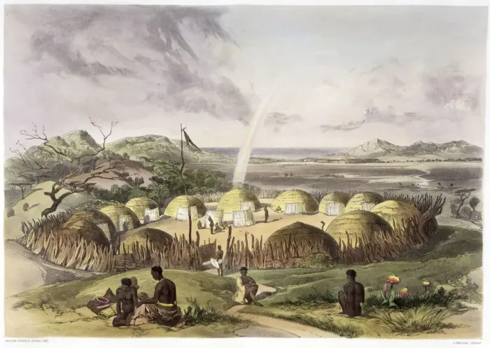 Framed Print : Zulu Kraal near Umlazi, Natal, 1849. Artist: George French Angas Framed Print : Zulu Kraal near Umlazi, Natal, 1849. Artist: George French Angas
