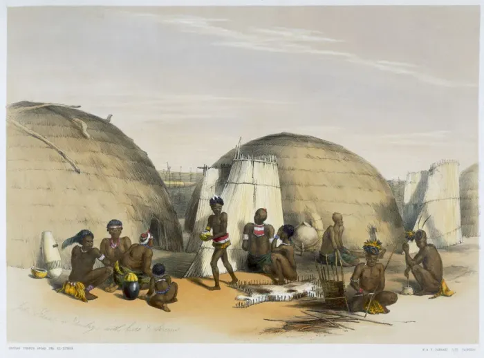 Framed Print : Zulu kraal at Umlazi with huts and screens, 1849. Artist: George French Angas Framed Print : Zulu kraal at Umlazi with huts and screens, 1849. Artist: George French Angas