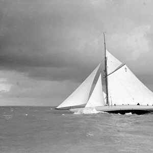 The 15 Metre class sailing yacht Istria close-hauled and heeling in fresh breeze, 1912