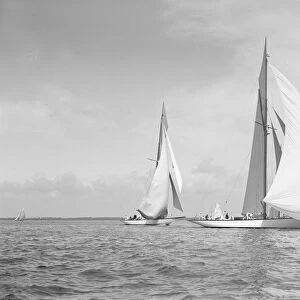 The 19-metre class Mariquita (C1) & Corona (C3) running with spinnakers up, 1911