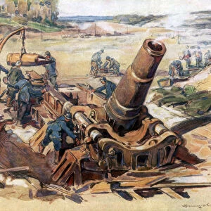 370 Mortar in Action, 1918, (1926). Artist: Henry Cheffer
