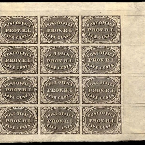 5c and 10c Providence, RI postmaster provisional sheet of twelve, 1846. Creator: Unknown