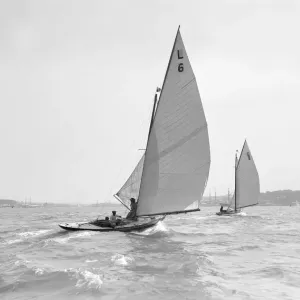 The 6 Metre The Whim (L6) and Correnzia racing downwind, 1911 The 6 Metre The Whim (L6) and Correnzia racing downwind, 1911