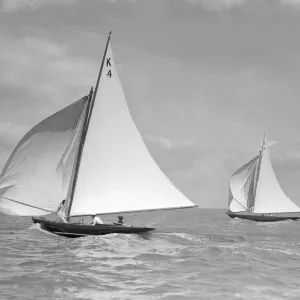 The 7 Metre Anitra (foreground) and Nelta, on downwind leg, 1911. Creator The 7 Metre Anitra (foreground) and Nelta, on downwind leg, 1911. Creator