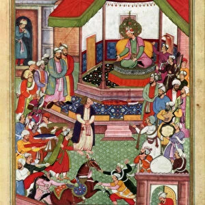 Abu l-Fazl ibn Mubarak presenting the Akbarnama to Akbar