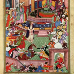 Abu l-Fazl ibn Mubarak presenting the Akbarnama to Akbar