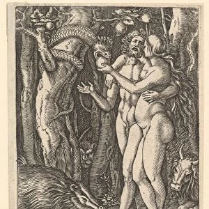 Adam and Eve with apple and serpent, ca. 1500-1534. Creator: Marcantonio Raimondi
