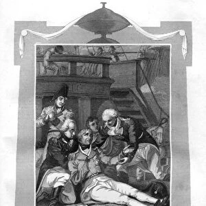 Admiral Nelson lying mortally wounded on the quarter deck of HMS Victory, 1816. Artist: I Brown
