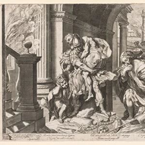 Aeneas and His Family Fleeing Troy, 1595. Creator: Agostino Carracci (Italian, 1557-1602)