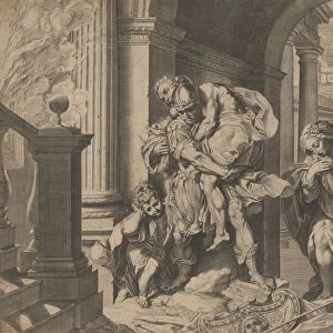 Aeneas and his family fleeing Troy, 1595. Creator: Agostino Carracci