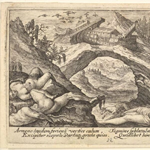 Aftermath of the Flood: human bodies strewn on dry land in the foreground