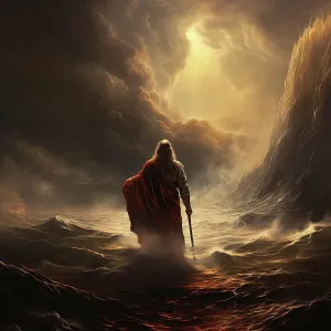AI IMAGE - Illustration of Moses parting the Red Sea, 2023. Creator: Heritage Images AI IMAGE - Illustration of Moses parting the Red Sea, 2023. Creator: Heritage Images