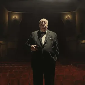 AI IMAGE - Portrait of Alfred Hitchcock in the cinema, 1970s, (2023). Creator: Heritage Images AI IMAGE - Portrait of Alfred Hitchcock in the cinema, 1970s, (2023). Creator: Heritage Images