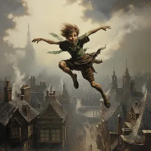 AI IMAGE - Portrait of Peter Pan flying over houses, 2023. Creator: Heritage Images AI IMAGE - Portrait of Peter Pan flying over houses, 2023. Creator: Heritage Images