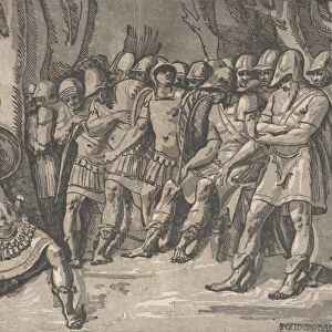 Ajax lower left holding a shield aloft, at the right stands Agamemnon surrounded by his