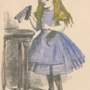 Alice looking at the bottle with the sign drink me, 1889. Artist: John Tenniel Alice looking at the bottle with the sign drink me, 1889. Artist: John Tenniel