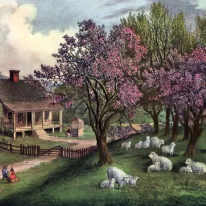 American Homestead in Spring, 1869. Artist: Currier and Ives