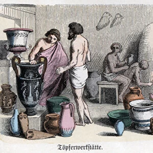 Ancient History. Greece. Pottery workshop, manufacturing of amphorae. German engraving, 1865