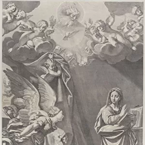 The Annunciation, with Gabriel and other angels at left and God the Father above, 168