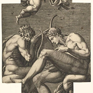 Apollo, Pan, and a putto blowing a horn, from a series of eight compositions after France