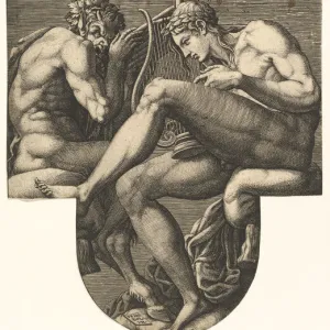 Apollo, Pan, and a putto blowing a horn, from a series of eight compositions after France