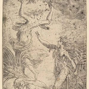 Apollo at right holding a bow chasing Daphne at the left, ca. 1538-40