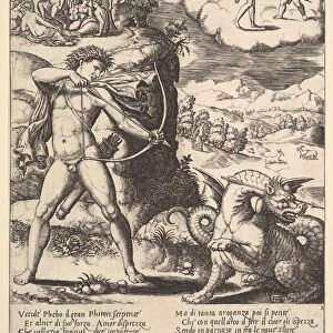 Apollo standing at left shooting a python with an arrow, above to the left are the muse
