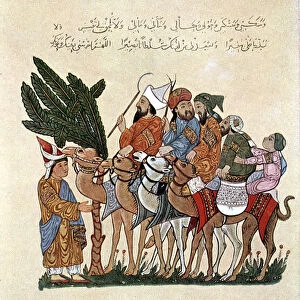 Arabian travellers on camels, being greeted at the end of their journey