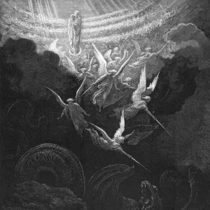 The Archangel Michael and his angels fighting the dragon, 1865-1866. Artist: Gustave Dore