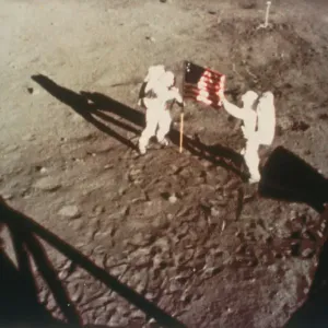 Armstrong and Aldrin unfurl the US flag on the moon, 1969 Armstrong and Aldrin unfurl the US flag on the moon, 1969