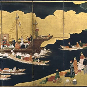 Arrival of a Portuguese ship. Nanban screen, ca. 1600. Artist: Anonymous