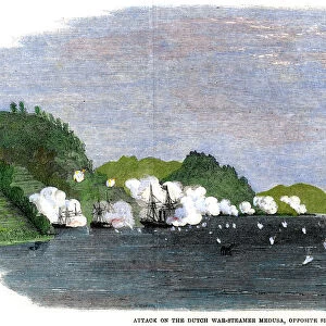 Attack on the Dutch war-steamer Medusa, opposite Simonoseki, Japan, 1863