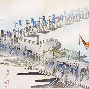 Attending a Festival: crossing a pontoon bridge to the sacred site. Creator: Japanese School