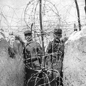 Barbed wire surrounding a French trench, World War I, 1915