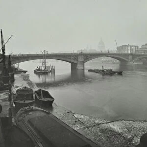 Barges at Bankside, looking upstream towards Southwark Bridge, London, 1913