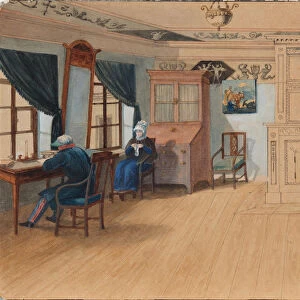 Bedroom Interior. Count Yegor Frantsevich Kankrin (1774-1845) at his desk, 1820s. Artist: Anonymous