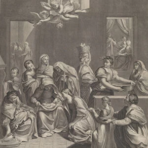 The birth of the Virgin; woman seated with an infant in her lap