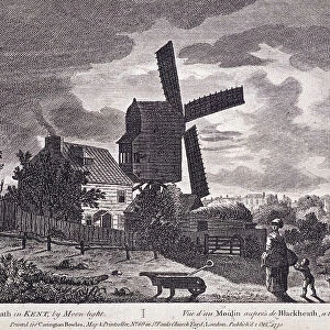 A mill on Blackheath by moonlight; including figures and a windmill, Greenwich, London, 1770