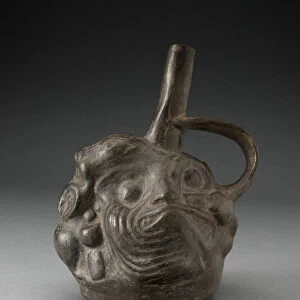 Blackware Spouted Vessel in the Form of a Composite Face, Animals, and Fish, 100 B. C. / A. D