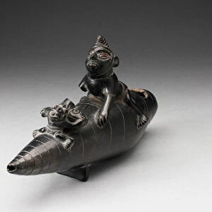 Blackware Vessel in the Form of Two Figures Seated on Reed Boat, Parts Missing, A. D
