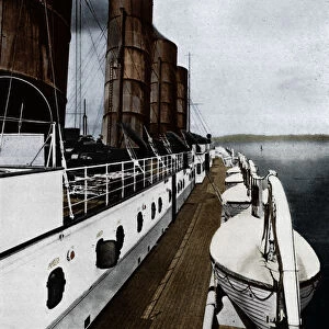 The boat deck of the Lusitania, showing lifeboats, 1915