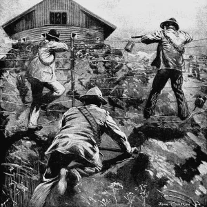 Boers attacking a British blockhouse (microfort) during the 2nd Boer War 1899-1902