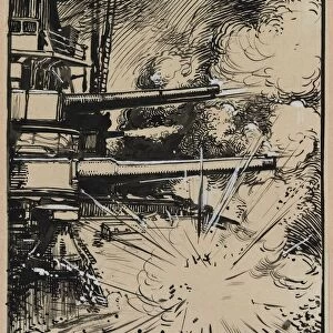 Bombe explosant sur un cuirasse aux canons braques, 1914. Creator: Auguste Louis Lepere